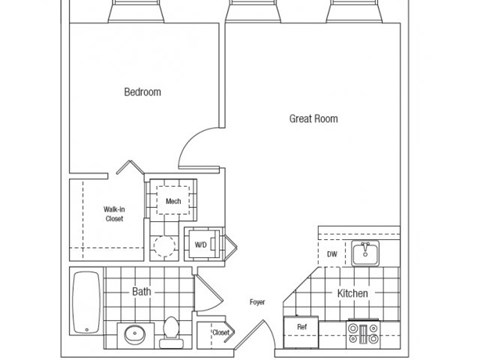Floor plan for 1 bed, 1 bath, 751 sqft
