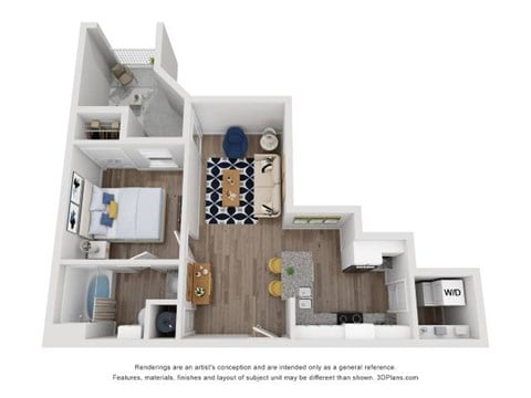 Floor plan for 1 bed, 1 bath, 697 sqft
