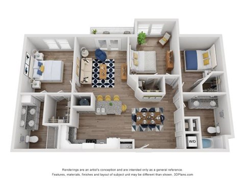 Floor plan for 3 beds, 2 baths, 1264 sqft