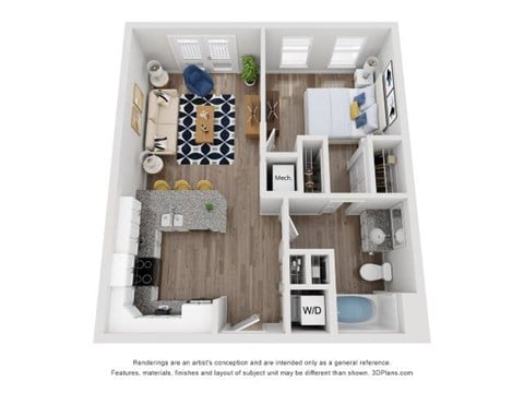 Floor plan for 1 bed, 1 bath, 615 sqft