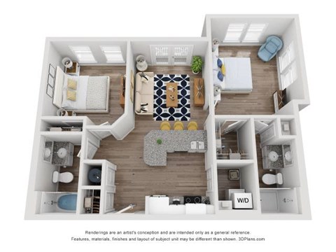 Floor plan for 2 beds, 2 baths, 996 sqft