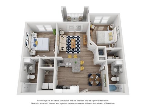 Floor plan for 2 beds, 2 baths, 996 sqft