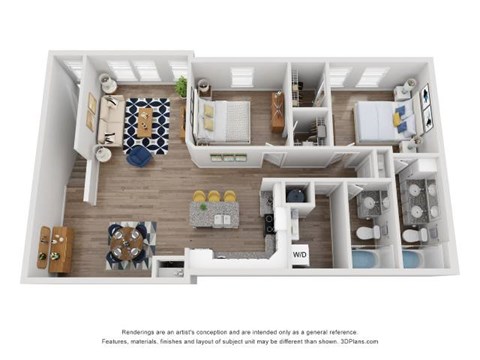 Floor plan for 2 beds, 2 baths, 1257 sqft