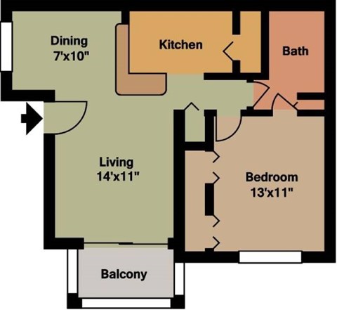 Floor plan for 1 bed, 1 bath, 760 sqft