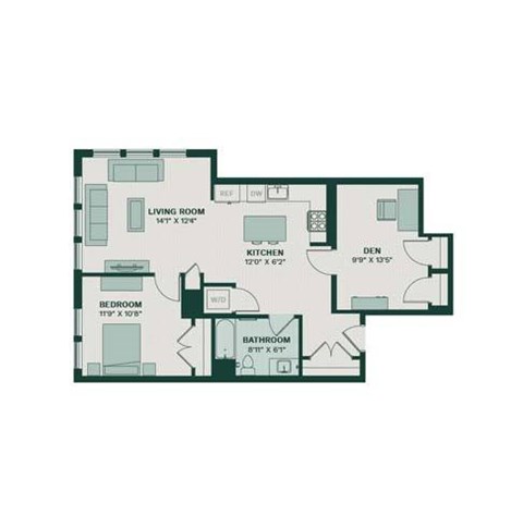 Floor plan for 1 bed, 1 bath, 1101 sqft