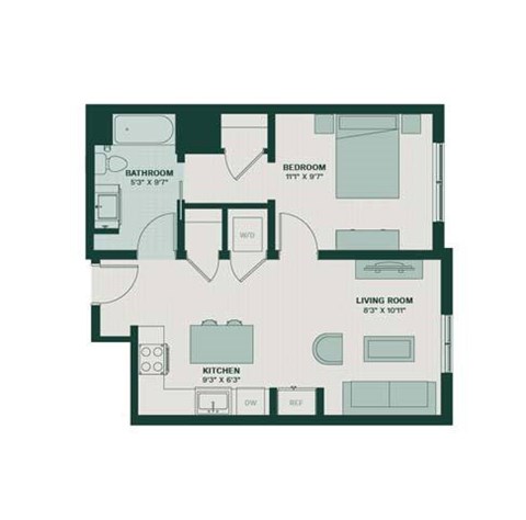 Floor plan for 1 bed, 1 bath, 704 sqft