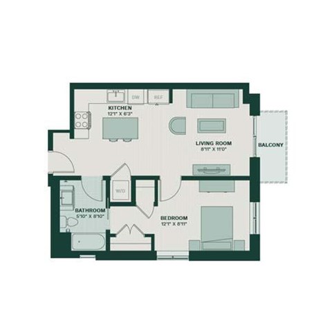 Floor plan for 1 bed, 1 bath, 736 sqft