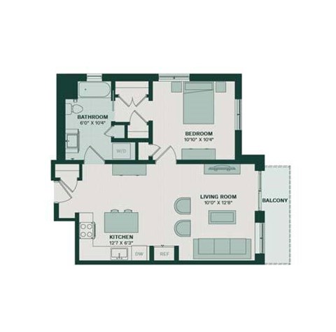 Floor plan for 1 bed, 1 bath, 813 sqft