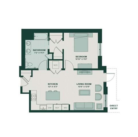 Floor plan for 1 bed, 1 bath, 896 sqft