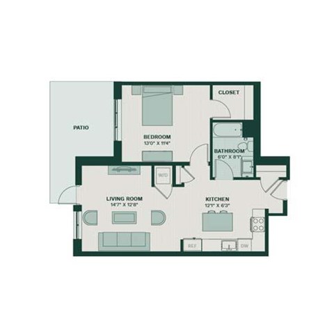 Floor plan for 1 bed, 1 bath, 897 sqft
