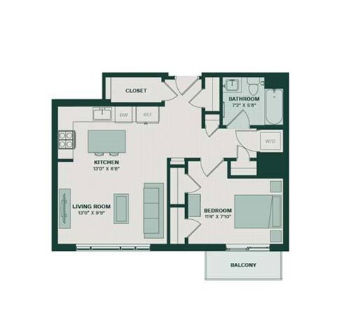 Floor plan for 1 bed, 1 bath, 747 sqft