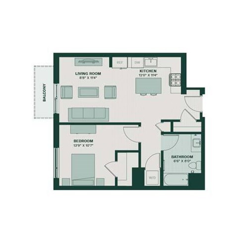 Floor plan for 1 bed, 1 bath, 788 sqft