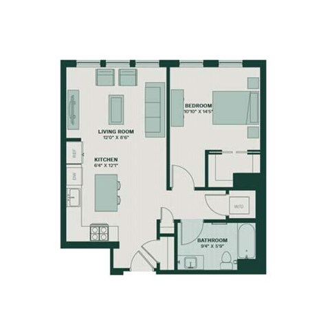 Floor plan for 1 bed, 1 bath, 795 sqft