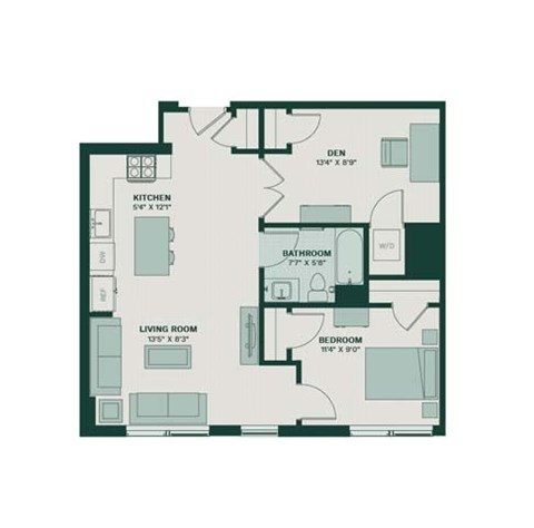 Floor plan for 1 bed, 1 bath, 914 sqft