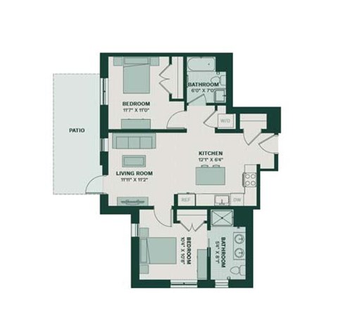 Floor plan for 2 beds, 2 baths, 1012 sqft