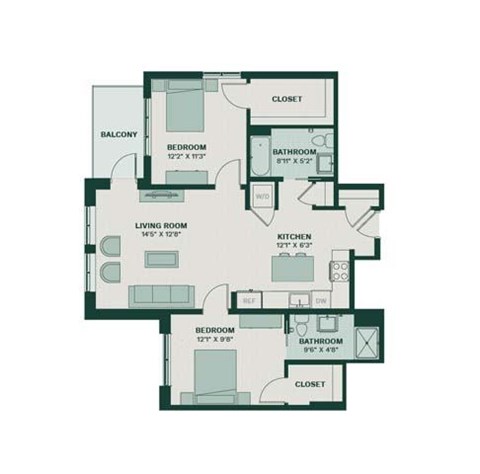 Floor plan for 2 beds, 2 baths, 1169 sqft