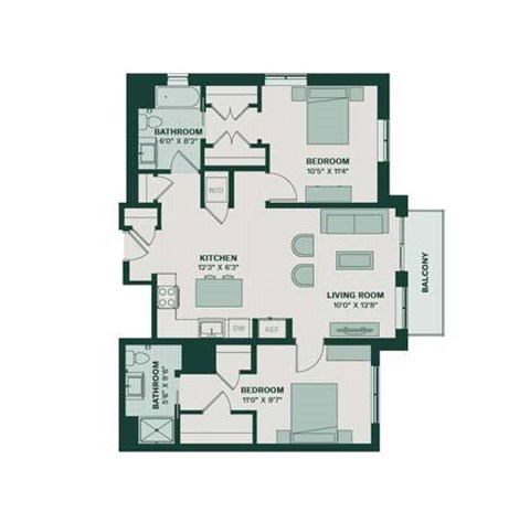 Floor plan for 2 beds, 2 baths, 1204 sqft