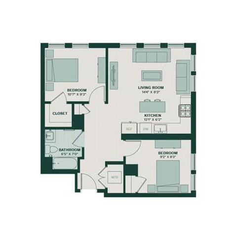 Floor plan for 2 beds, 1 bath, 911 sqft