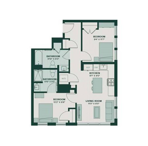 Floor plan for 2 beds, 2 baths, 934 sqft