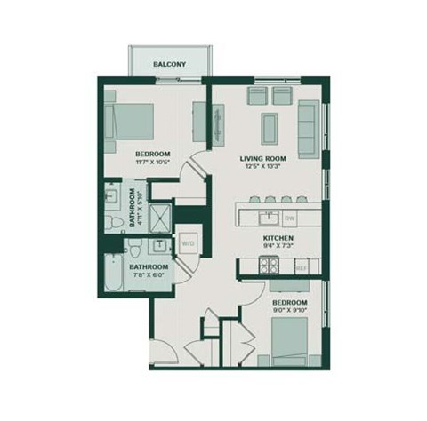 Floor plan for 2 beds, 2 baths, 1052 sqft