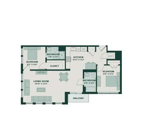 Floor plan for 2 beds, 2 baths, 1221 sqft