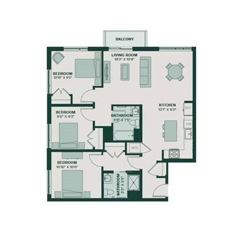 Floor plan for 3 beds, 2 baths, 1305 sqft