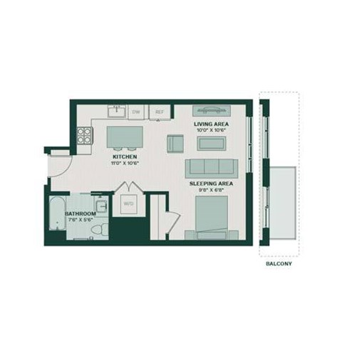 Floor plan for studio, 1 bath, 593 sqft