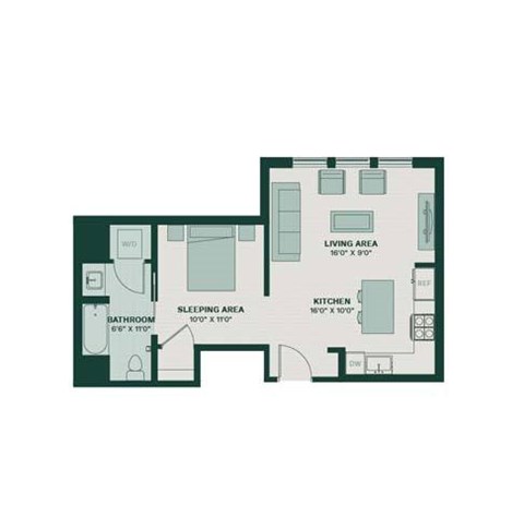 Floor plan for studio, 1 bath, 628 sqft
