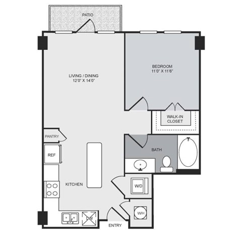 Floor plan for 1 bed, 1 bath, 661 sqft