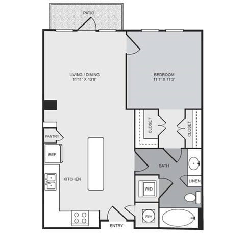 Floor plan for 1 bed, 1 bath, 720 sqft