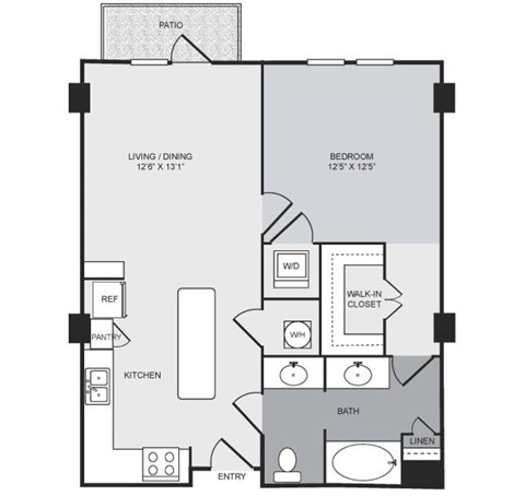 Floor plan for 1 bed, 1 bath, 797 sqft