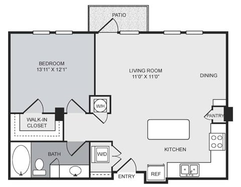 Floor plan for 1 bed, 1 bath, 785 sqft