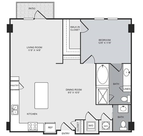Floor plan for 1 bed, 1.5 baths, 972 sqft