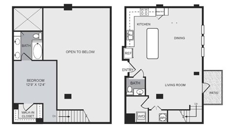 Floor plan for 1 bed, 1.5 baths, 1108 sqft