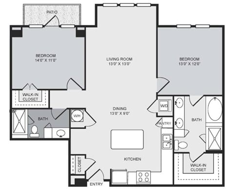 Floor plan for 1 bed, 2 baths, 1206 sqft