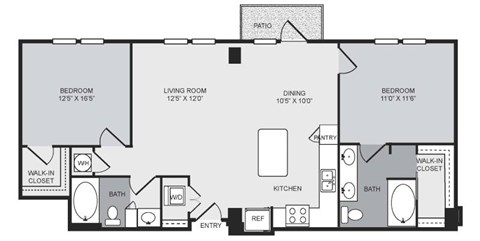 Floor plan for 2 beds, 2 baths, 1173 sqft