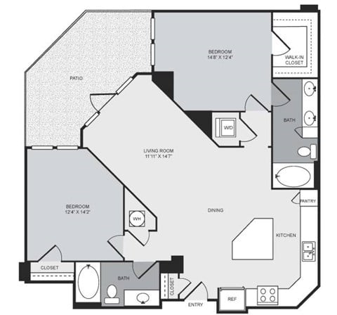 Floor plan for 2 beds, 2 baths, 1195 sqft