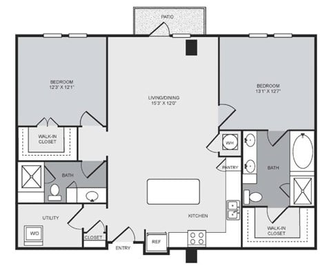 Floor plan for 2 beds, 2 baths, 1290 sqft