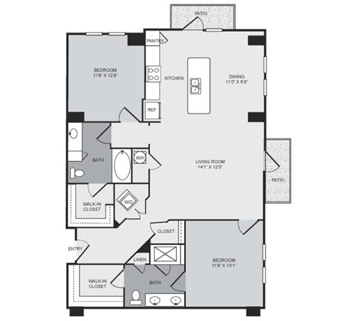 Floor plan for 2 beds, 2 baths, 1295 sqft