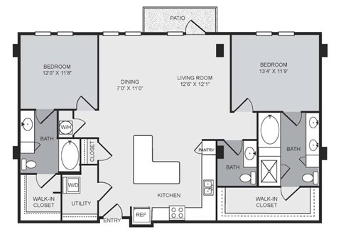 Floor plan for 2 beds, 2.5 baths, 1482 sqft