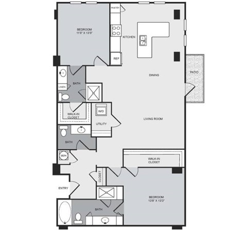 Floor plan for 2 beds, 2.5 baths, 1616 sqft