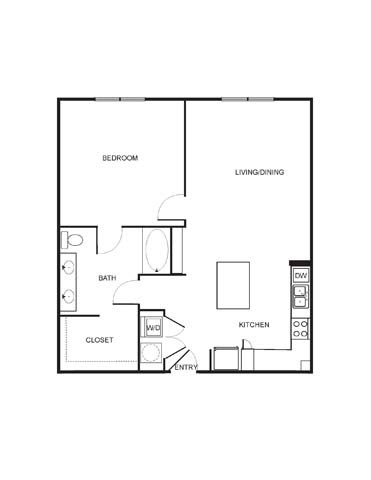 Floor plan for 1 bed, 1 bath, 899 sqft