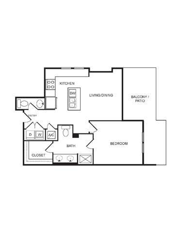 Floor plan for 1 bed, 1.5 baths, 854 sqft