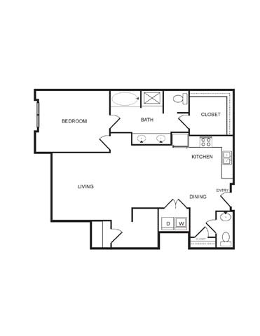 Floor plan for 1 bed, 1.5 baths, 1163 sqft