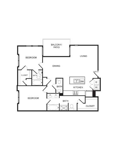 Floor plan for 2 beds, 2.5 baths, 1308 sqft