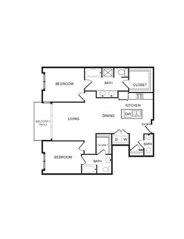 Floor plan for 2 beds, 2.5 baths, 1487 sqft