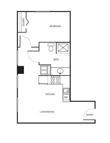 Floor plan for 1 bed, 1 bath, 495 sqft