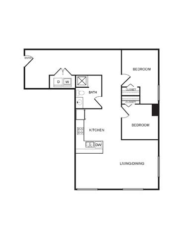 Floor plan for 2 beds, 2 baths, 1086 sqft