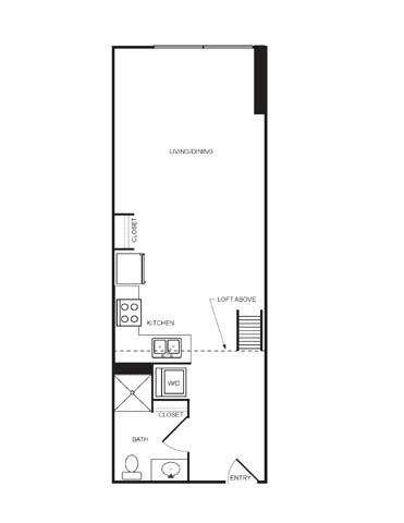 Floor plan for studio, 1 bath, 584 sqft