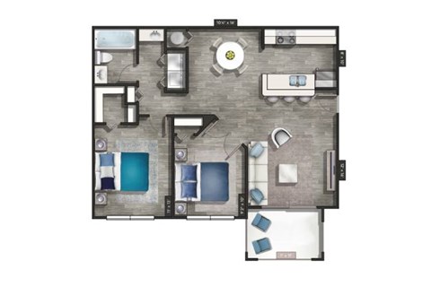 Floor plan for 2 beds, 1 bath, 955 sqft